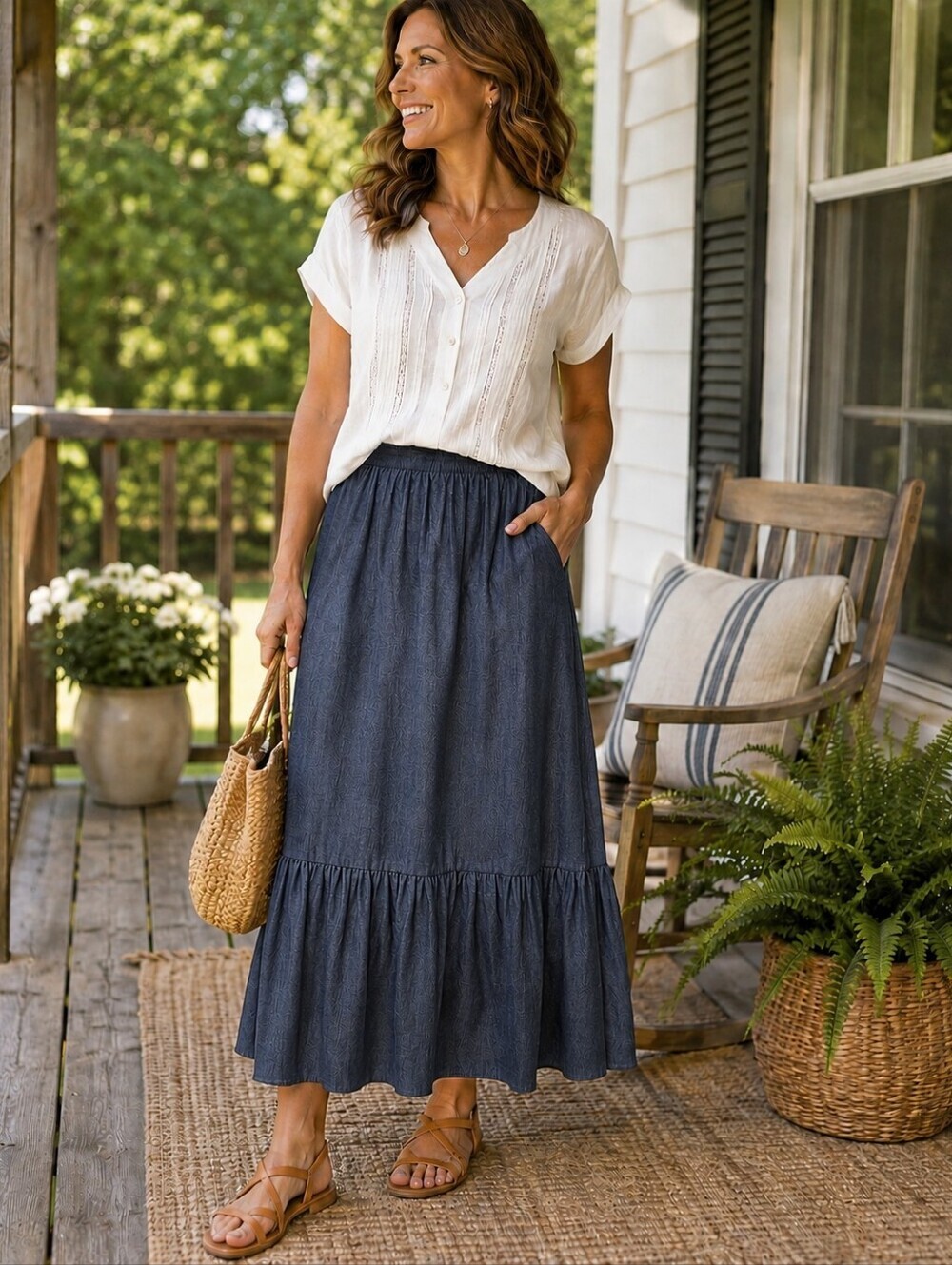 Vtg Stage West by Prior Denim Prairie Maxi Skirt Ruffle Hem Made in USA 15/16
